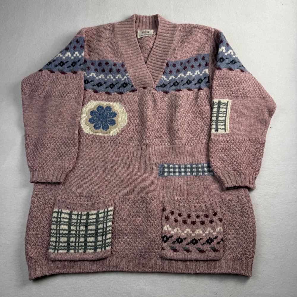 Vintage Sisley Made in Italy Patchwork Knit Sweater‎ Mauve Pink V-Neck Pullover